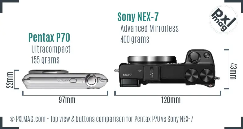 Pentax P70 vs Sony NEX-7 top view buttons comparison
