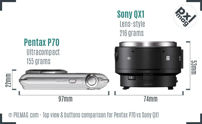 Pentax P70 vs Sony QX1 top view buttons comparison