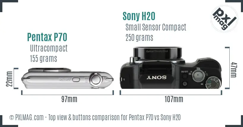 Pentax P70 vs Sony H20 top view buttons comparison