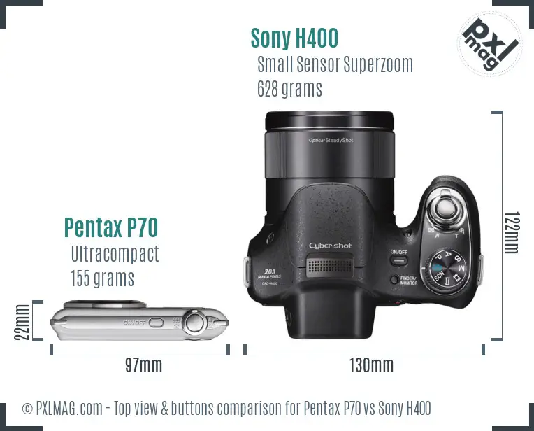 Pentax P70 vs Sony H400 top view buttons comparison Pentax P70 vs Sony H400 top view buttons comparison