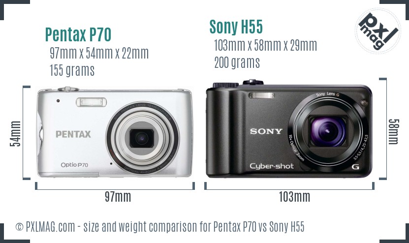 Pentax P70 vs Sony H55 size comparison