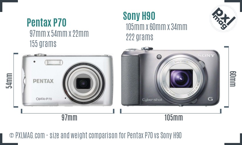 Pentax P70 vs Sony H90 size comparison