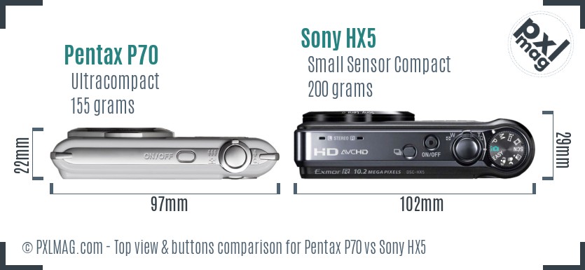 Pentax P70 vs Sony HX5 top view buttons comparison