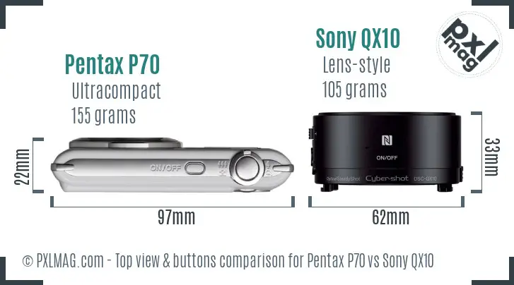 Pentax P70 vs Sony QX10 top view buttons comparison