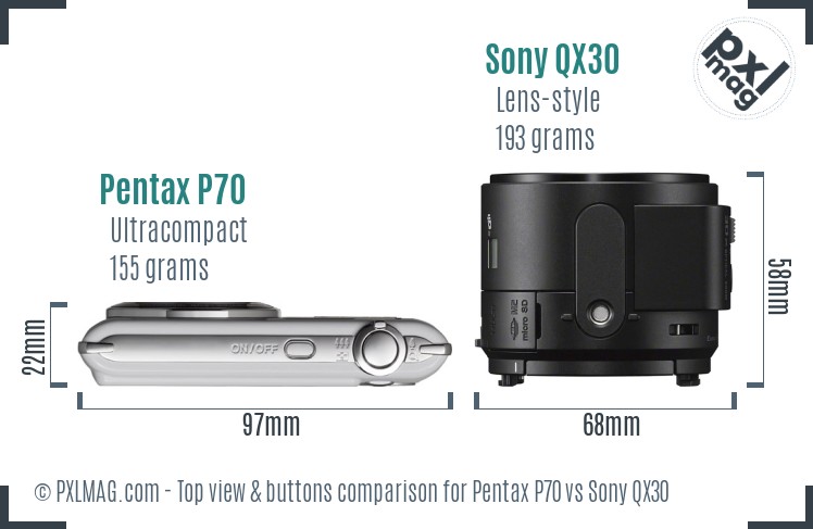 Pentax P70 vs Sony QX30 top view buttons comparison