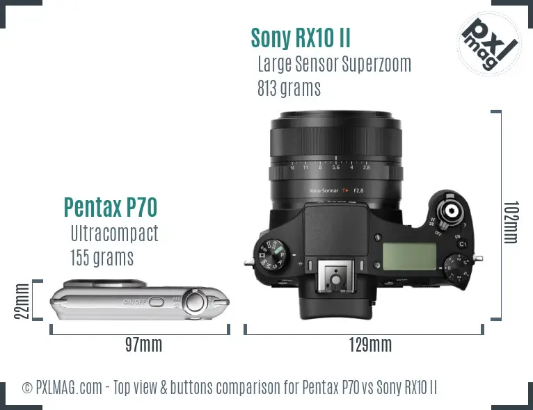 Pentax P70 vs Sony RX10 II top view buttons comparison