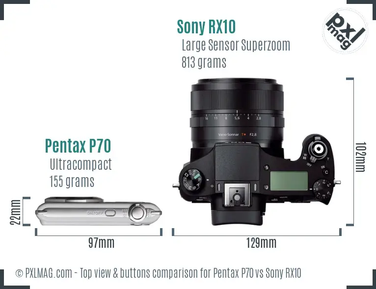 Pentax P70 vs Sony RX10 top view buttons comparison Pentax P70 vs Sony RX10 top view buttons comparison
