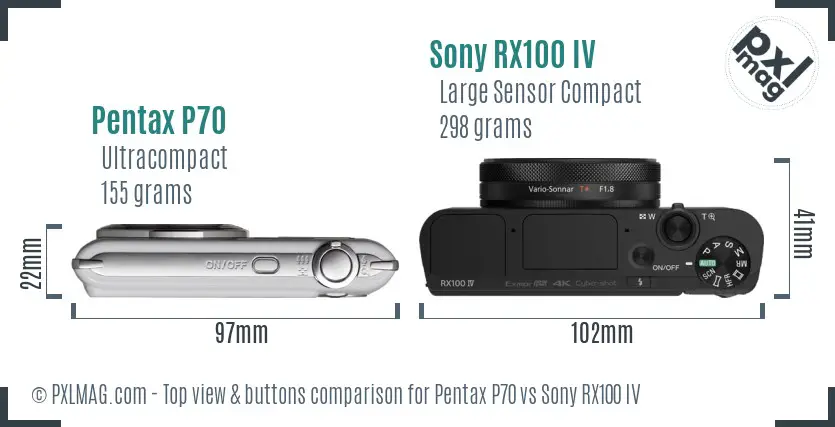 Pentax P70 vs Sony RX100 IV top view buttons comparison Pentax P70 vs Sony RX100 IV top view buttons comparison