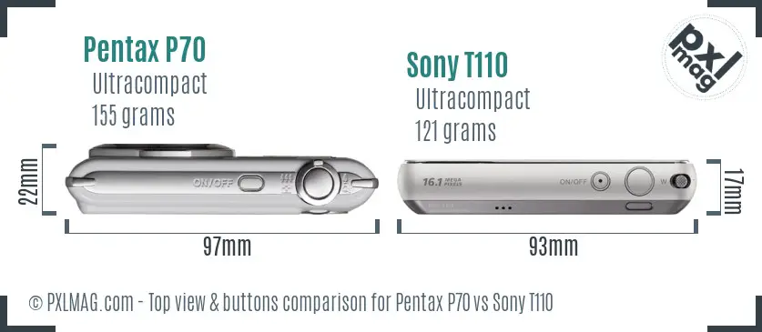Pentax P70 vs Sony T110 top view buttons comparison