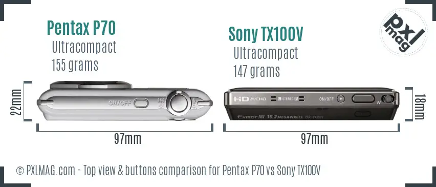 Pentax P70 vs Sony TX100V top view buttons comparison