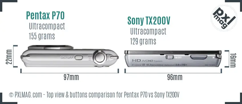 Pentax P70 vs Sony TX200V top view buttons comparison