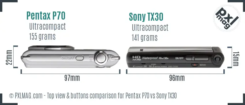 Pentax P70 vs Sony TX30 top view buttons comparison