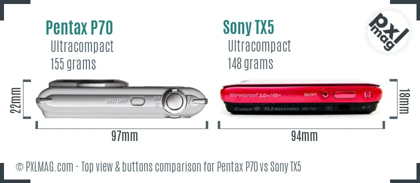 Pentax P70 vs Sony TX5 top view buttons comparison