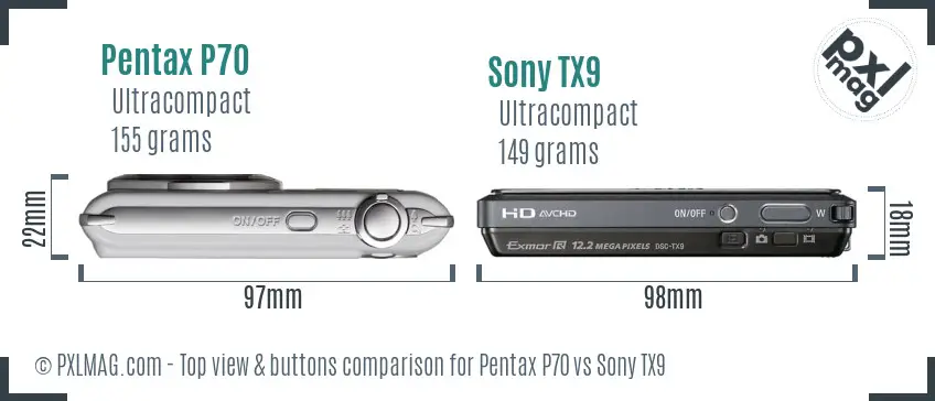 Pentax P70 vs Sony TX9 top view buttons comparison