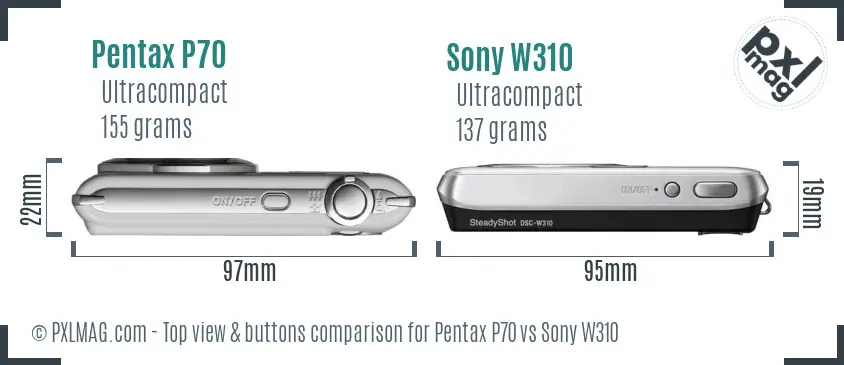 Pentax P70 vs Sony W310 top view buttons comparison