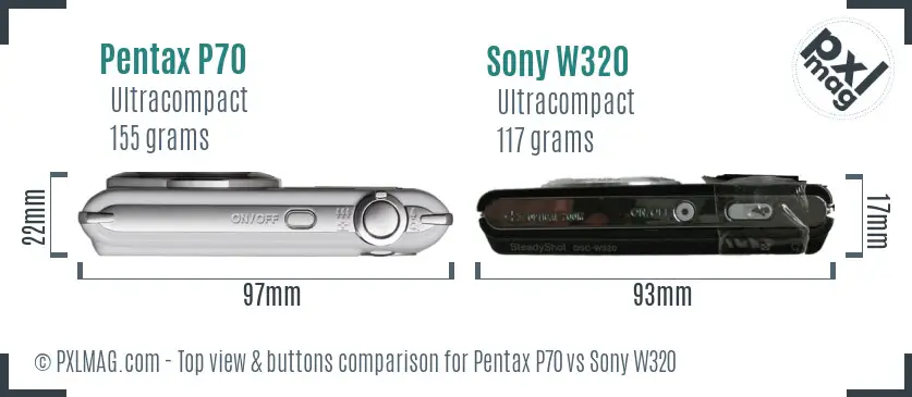 Pentax P70 vs Sony W320 top view buttons comparison