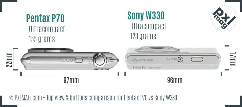 Pentax P70 vs Sony W330 top view buttons comparison Pentax P70 vs Sony W330 top view buttons comparison