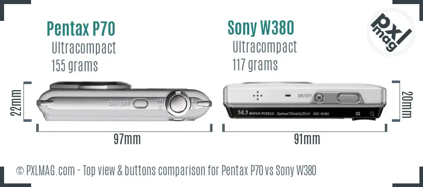 Pentax P70 vs Sony W380 top view buttons comparison Pentax P70 vs Sony W380 top view buttons comparison