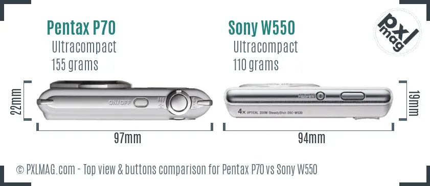 Pentax P70 vs Sony W550 top view buttons comparison Pentax P70 vs Sony W550 top view buttons comparison