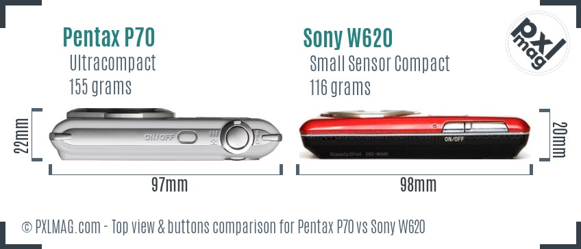 Pentax P70 vs Sony W620 top view buttons comparison