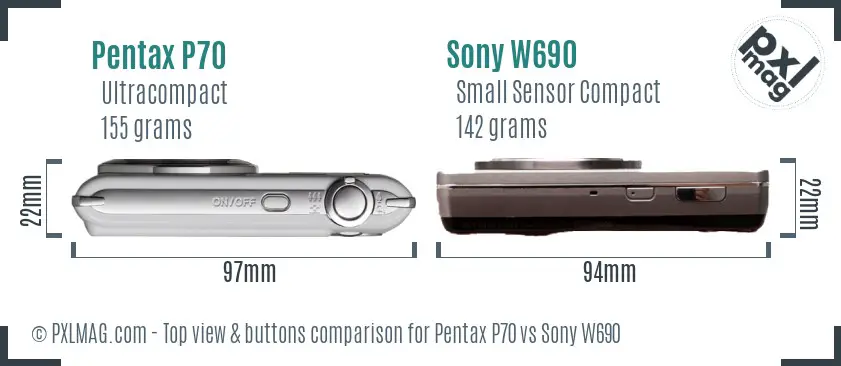 Pentax P70 vs Sony W690 top view buttons comparison Pentax P70 vs Sony W690 top view buttons comparison