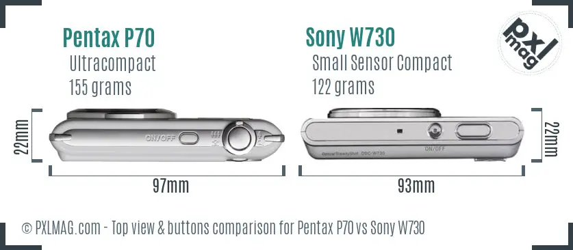 Pentax P70 vs Sony W730 top view buttons comparison Pentax P70 vs Sony W730 top view buttons comparison