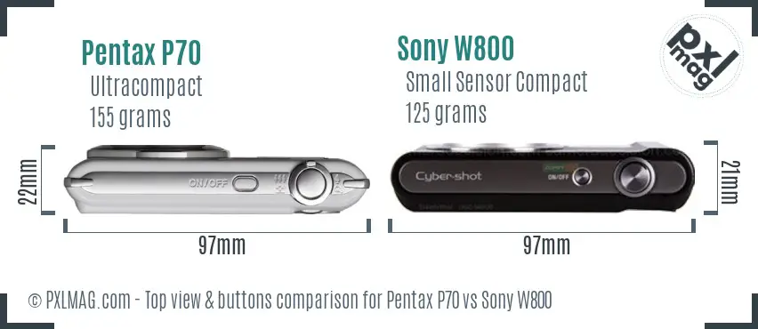Pentax P70 vs Sony W800 top view buttons comparison Pentax P70 vs Sony W800 top view buttons comparison