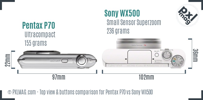 Pentax P70 vs Sony WX500 top view buttons comparison