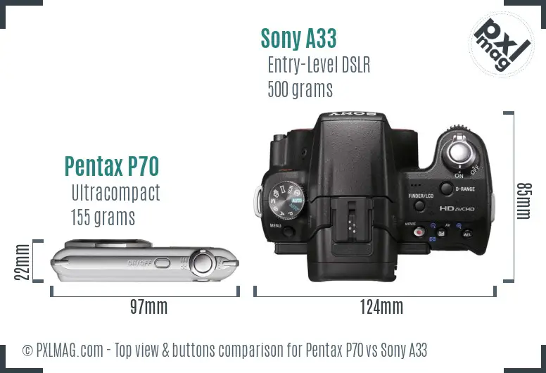 Pentax P70 vs Sony A33 top view buttons comparison