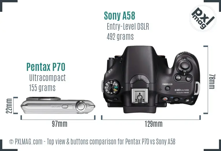 Pentax P70 vs Sony A58 top view buttons comparison Pentax P70 vs Sony A58 top view buttons comparison