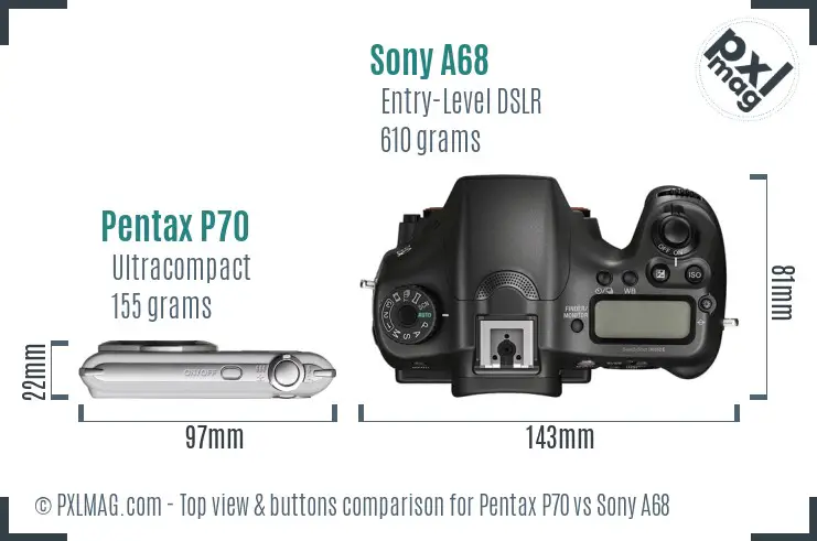 Pentax P70 vs Sony A68 top view buttons comparison Pentax P70 vs Sony A68 top view buttons comparison