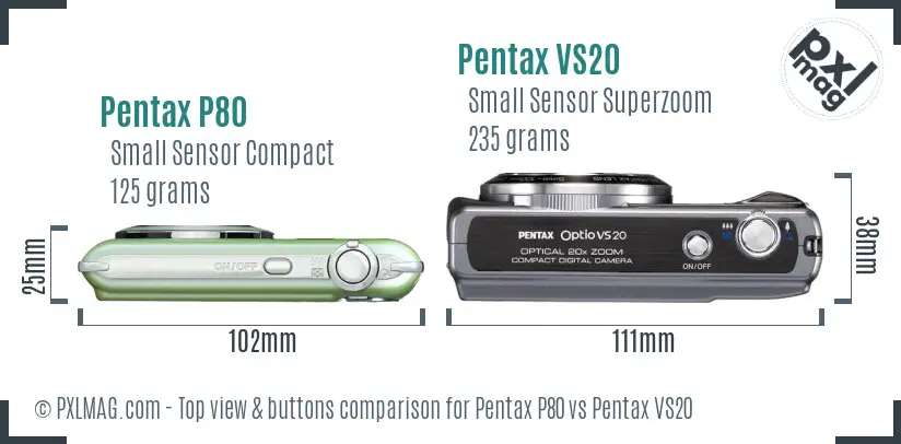 Pentax P80 vs Pentax VS20 top view buttons comparison