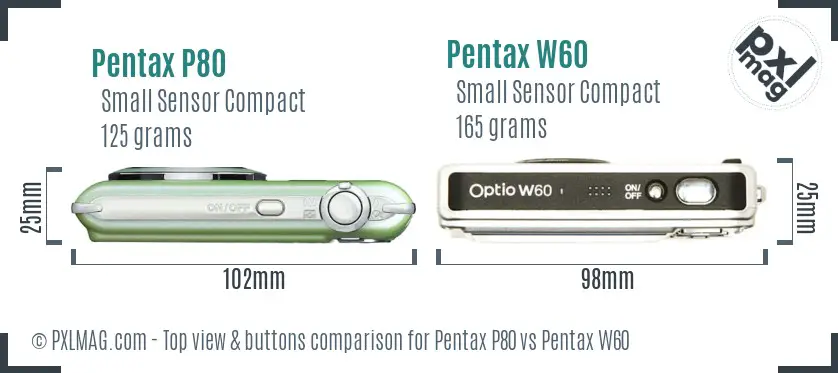 Pentax P80 vs Pentax W60 top view buttons comparison