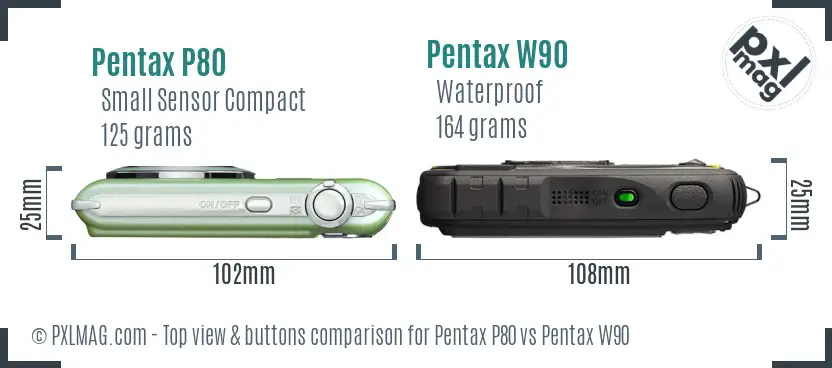 Pentax P80 vs Pentax W90 top view buttons comparison