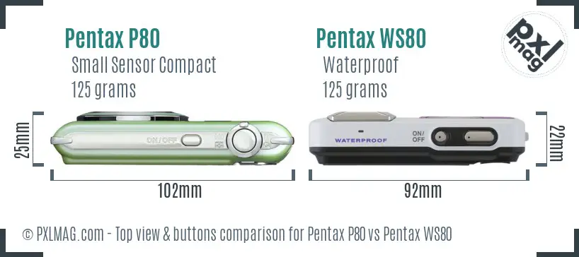 Pentax P80 vs Pentax WS80 top view buttons comparison