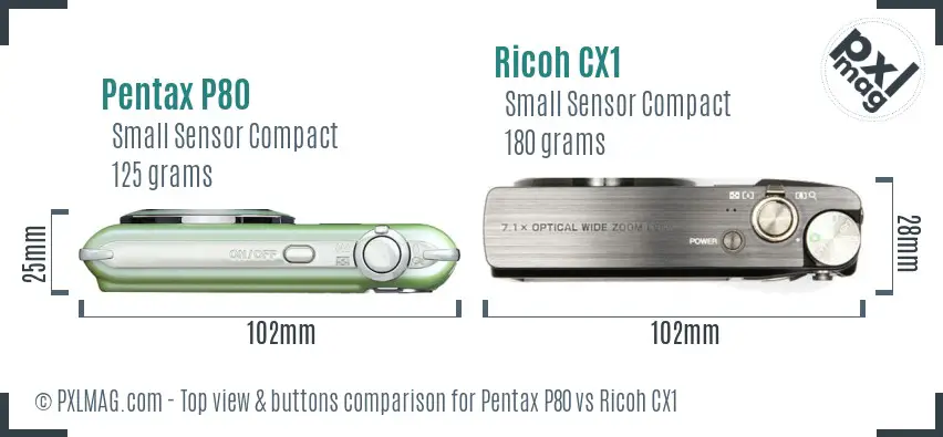 Pentax P80 vs Ricoh CX1 top view buttons comparison