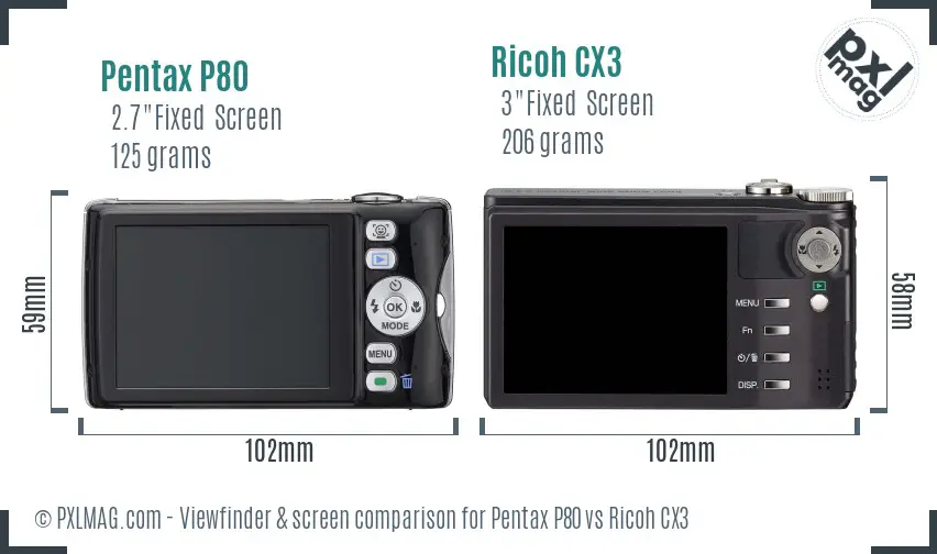 Pentax P80 vs Ricoh CX3 Screen and Viewfinder comparison