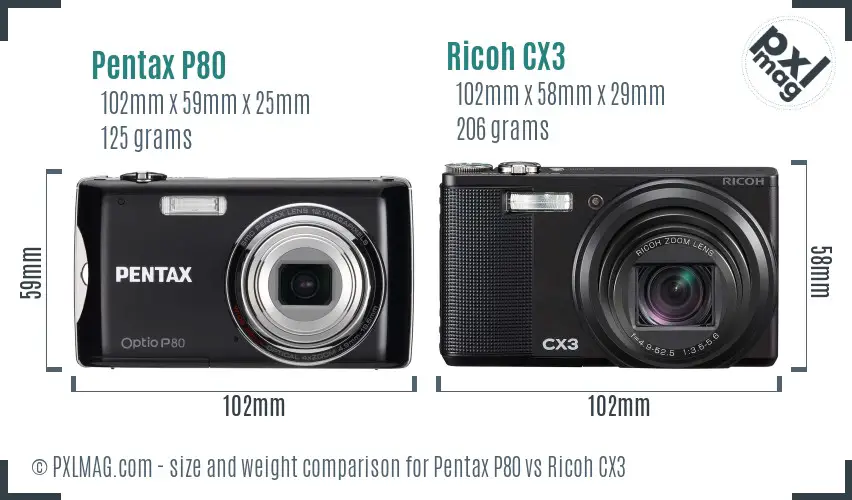 Pentax P80 vs Ricoh CX3 size comparison
