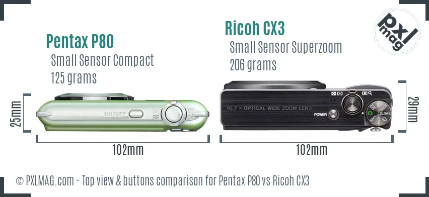 Pentax P80 vs Ricoh CX3 top view buttons comparison