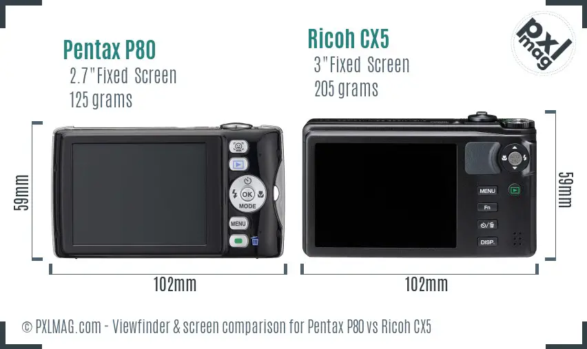 Pentax P80 vs Ricoh CX5 Screen and Viewfinder comparison