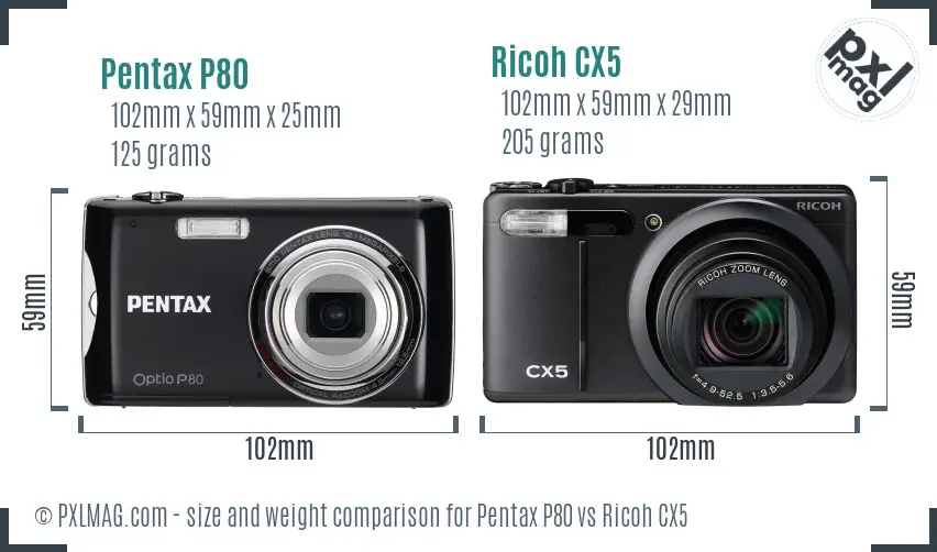 Pentax P80 vs Ricoh CX5 size comparison