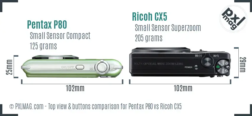 Pentax P80 vs Ricoh CX5 top view buttons comparison