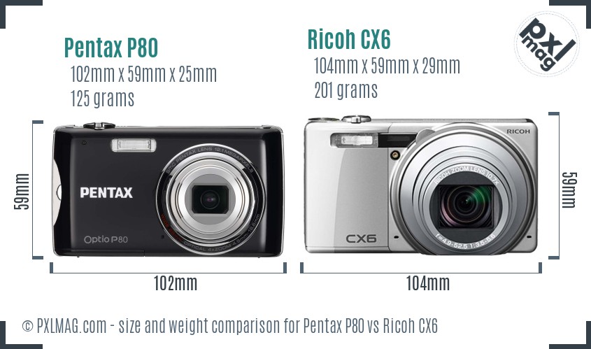 Pentax P80 vs Ricoh CX6 size comparison