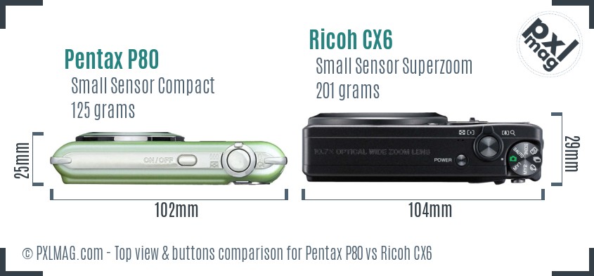 Pentax P80 vs Ricoh CX6 top view buttons comparison