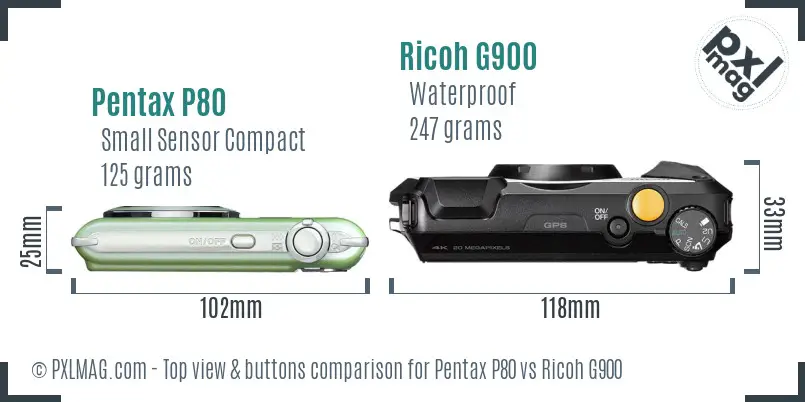 Pentax P80 vs Ricoh G900 top view buttons comparison Pentax P80 vs Ricoh G900 top view buttons comparison