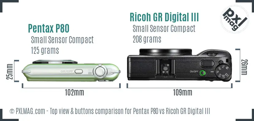 Pentax P80 vs Ricoh GR Digital III top view buttons comparison