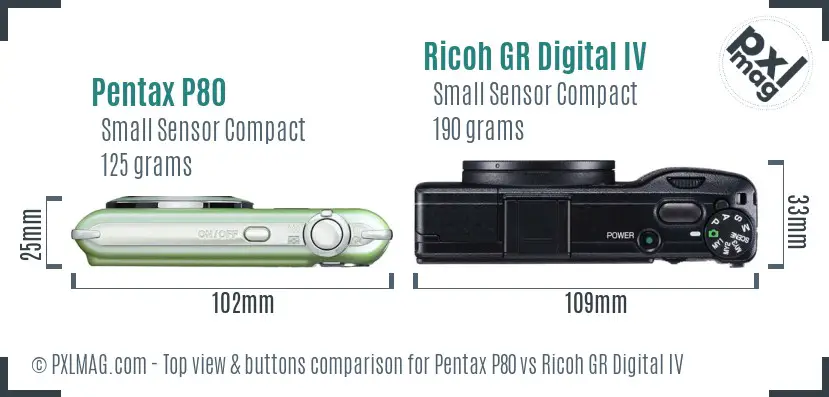 Pentax P80 vs Ricoh GR Digital IV top view buttons comparison