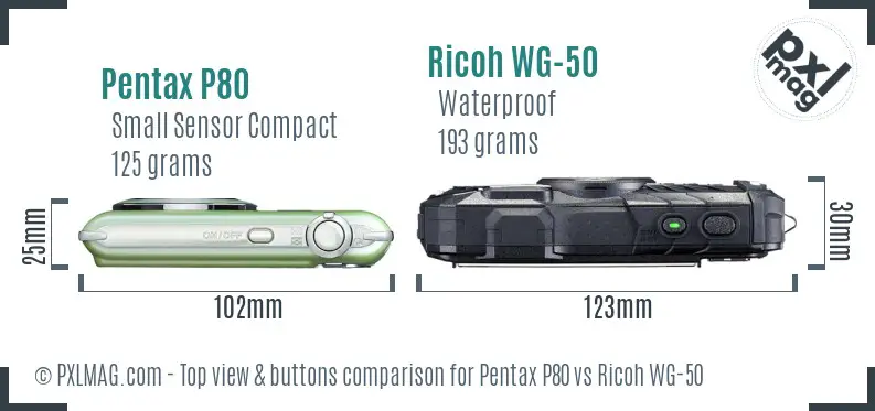 Pentax P80 vs Ricoh WG-50 top view buttons comparison