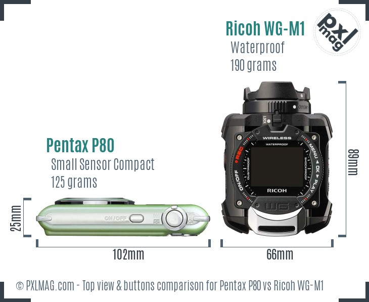 Pentax P80 vs Ricoh WG-M1 top view buttons comparison