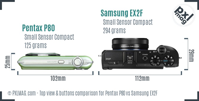 Pentax P80 vs Samsung EX2F top view buttons comparison